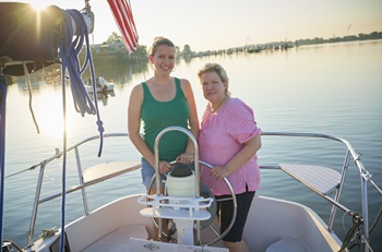 Living liver donor transplant - daughter Sarah and mom Kathy sailing a boat